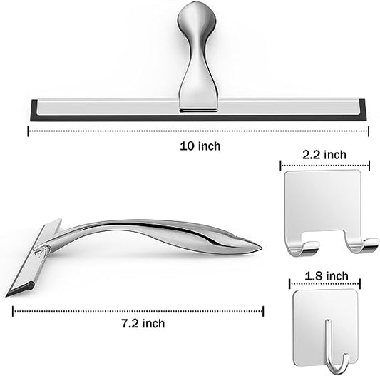 All-Purpose Stainless Steel Shower Squeegee for Shower Doors with 2 Adhesive Hooks, Bathroom Cleaner Tool Household Window Mirror Squeegee for Home Cleaning, Glass Door, Tile Wall, Car, 10 Inch Silver