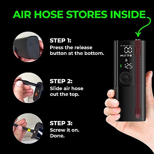 Airmoto Tire Inflator Portable Air Compressor - Air Pump for Car Tires w/Digital Tire Pressure Gauge - Air Compressor for Car (120 PSI) - Motorcycle, Electric Bike Pump and Bicycle Pump w/LED Light