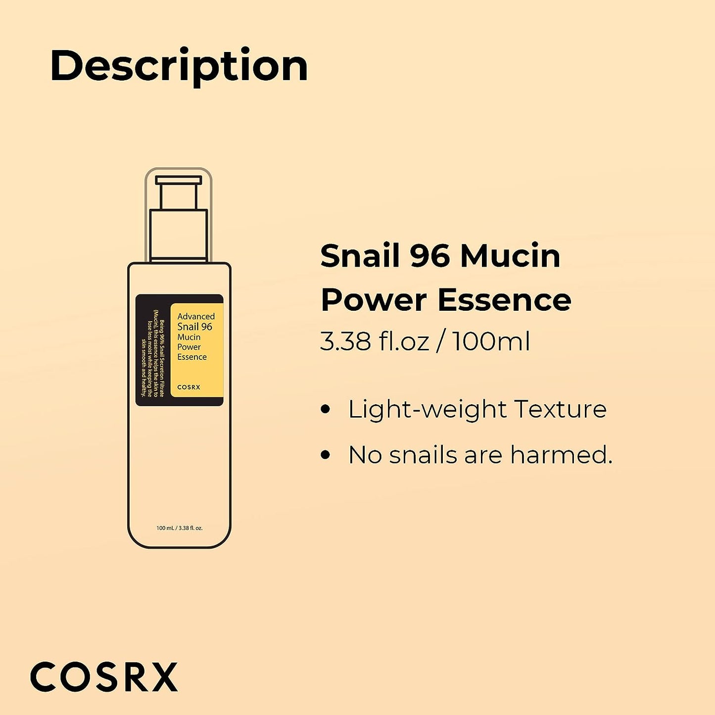 COSRX Snail Mucin 96% Power Repairing Essence 3.38 fl.oz 100ml, Hydrating Serum for Face with Snail Secretion Filtrate for Dull & Damaged Skin, Not Tested on Animals, No Parabens, Korean Skincare