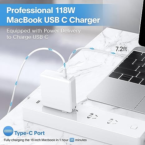 Mac Book Pro Charger - 118W USB C Charger Fast Charger for USB C Port MacBook pro & MacBook Air, ipad Pro, Samsung Galaxy and All USB C Device, Include Charge Cable(7.2ft/2.2m)