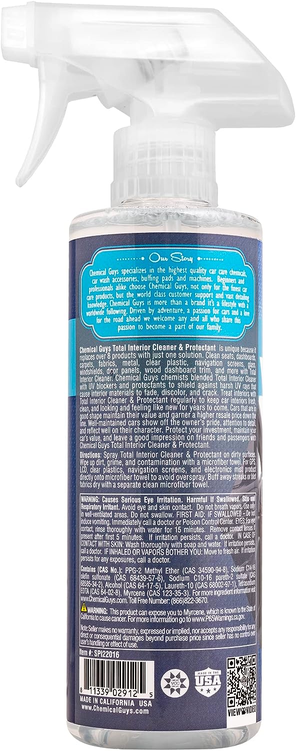 Chemical Guys SPI22016 Total Interior Cleaner and Protectant, Safe for Cars, Trucks, SUVs, Jeeps, Motorcycles, RVs & More, 16 fl oz