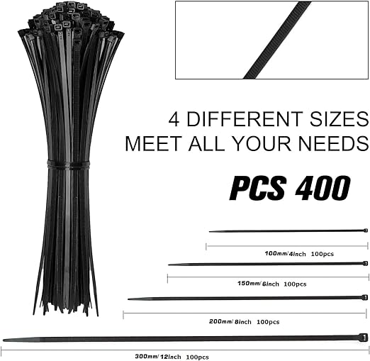 Cable Zip Ties,400 Pack Black Assorted Sizes 12+8+6+4 Inch,Multi-Purpose Self-Locking Nylon Cable Cord Management ,Plastic Wire Ties for Home,Office,Garden,Workshop. By HAVE ME TD