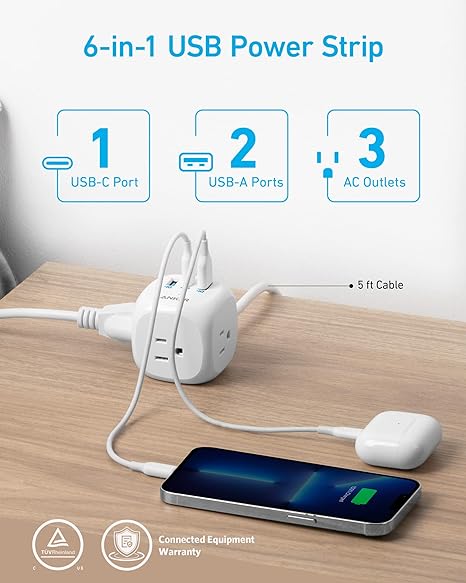Anker 20W USB C Power Strip, 321 Power Strip with 3 Outlets and USB C Charging for iPhone 14/13 Series, 5 ft Extension Cord, Power Delivery,for Dorm Rooms,Home Office, Cruise Ship Travel, TUV Listed