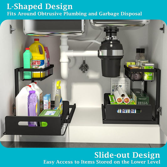 REALINN Under Sink Organizer and Storage, 2 Pack Pull Out Cabinet Organizer Slide Out Sink Shelf Cabinet Storage Shelves, Under Sink Storage for Kitchen Bathroom Cabinet