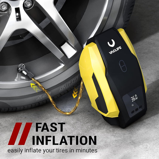 VacLife Tire Inflator Portable Air Compressor - Air Pump for Car Tires (up to 50 PSI), 12V DC Tire Pump for Bikes (up to 150 PSI) w/ LED Light, Digital Pressure Gauge, Model: ATJ-1166, Yellow (VL701)