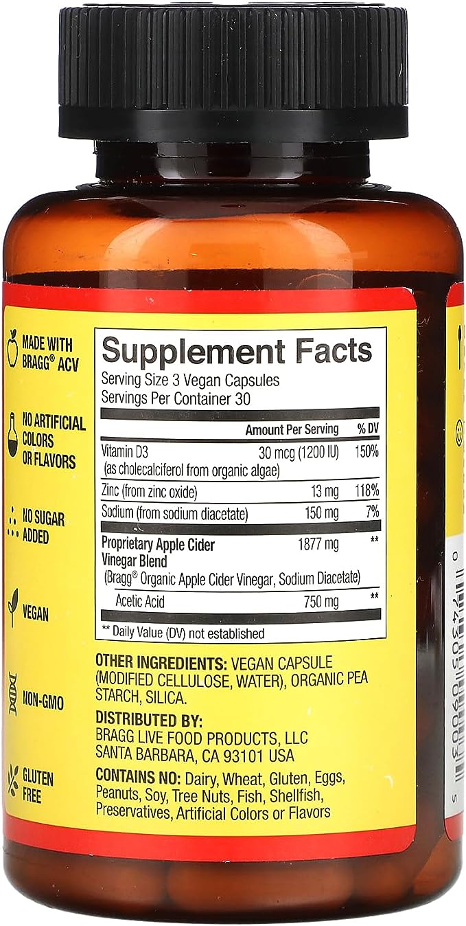 Bragg Apple Cider Vinegar Capsules - Vitamin D3 & Zinc - 750mg of Acetic Acid – Immune & Weight Management Support - Non-GMO, Vegan, Gluten Free, No Sugar (1)