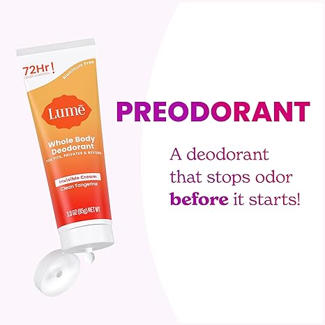 Lume Whole Body Deodorant - Invisible Cream Tube - 72 Hour Odor Control - Aluminum Free, Baking Soda Free, Skin Safe - 3.0 ounce (Clean Tangerine)