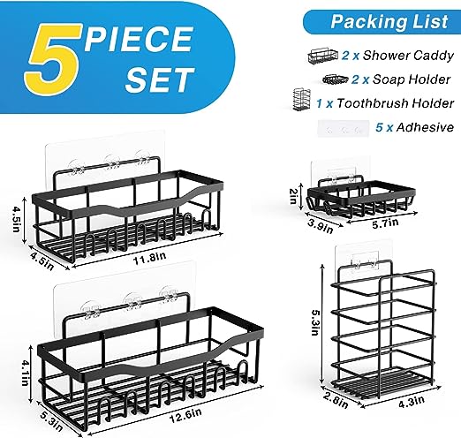 EUDELE Shower Caddy 5 Pack,Adhesive Shower Organizer for Bathroom Storage&Home Decor&Kitchen,No Drilling,Large Capacity,Rustproof Stainless Steel Bathroom Organizer,Shower Shelves for Inside Shower