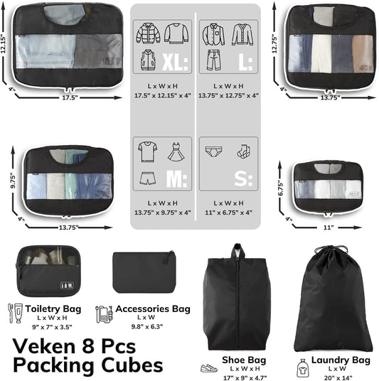 Veken 8 Set Packing Cubes for Suitcases, Travel Essentials for Carry on, Luggage Organizer Bags Set for Travel Accessories in 4 Sizes (Extra Large, Large, Medium, Small), Black