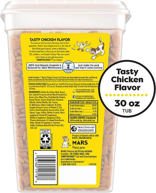 TEMPTATIONS Classic Crunchy and Soft Cat Treats Tasty Chicken Flavor, 30 oz. Tub