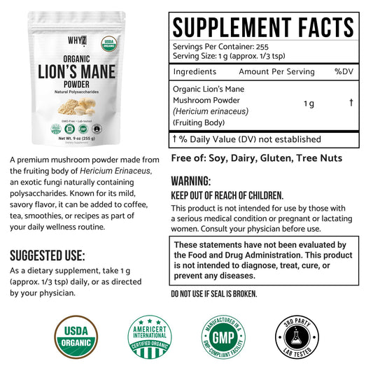 Organic Lion’s Mane Mushroom Powder Fruiting Body Superfood Freeze-Dried Unflavored…