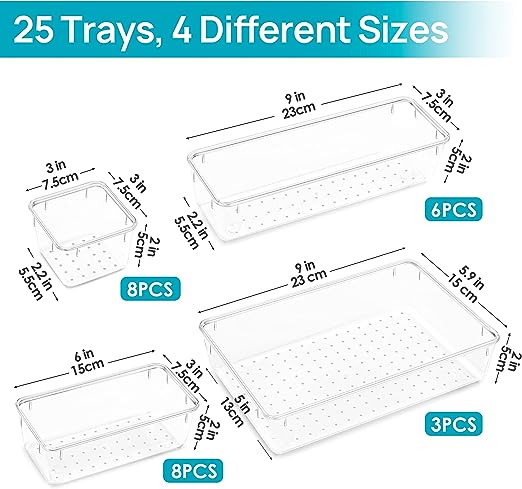 Vtopmart 25 PCS Clear Plastic Drawer Organizers Set, 4-Size Versatile Bathroom and Vanity Drawer Organizer Trays, Storage Bins for Makeup, Bedroom, Kitchen Gadgets Utensils and Offic
