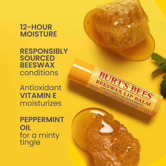 Burt's Bees 100% Natural Origin Moisturizing Lip Balm, Original Beeswax with Vitamin E & Peppermint Oil, 4 Tubes in Blister Box