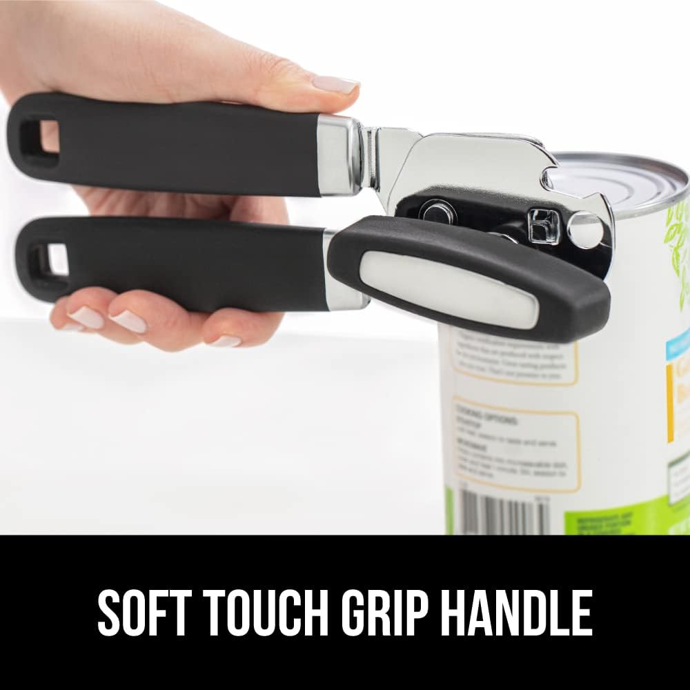 The Original Gorilla Grip Heavy Duty Stainless Steel Smooth Edge Manual Hand Held Can Opener With Soft Touch Handle, Rust Proof Oversized Handheld Easy Turn Knob, Best Large Lid Openers, Black