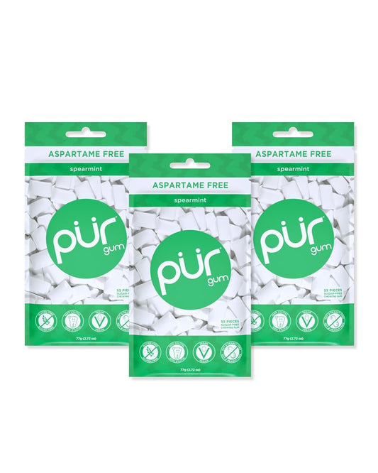 PUR Gum | Aspartame Free Chewing Gum | 100% Xylitol | Sugar Free, Vegan, Gluten Free & Keto Friendly | Natural Spearmint Flavored Gum, 55 Pieces (Pack of 3)