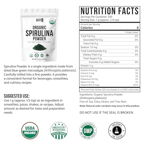 WHYZ Organic Spirulina Powder, 250g, Protein-Rich Spirulina Supplement, Organic Superfood…