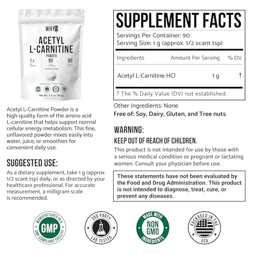 Pure Acetyl L-Carnitine Powder (ALCAR) Unflavored Acetyl-L-Carnitine HCl Supplement…