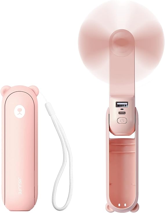 JISULIFE Handheld Mini Fan, 3 IN 1 Hand Fan, Portable USB Rechargeable Small Pocket Fan, Battery Operated Fan [14-21 Working Hours] with Power Bank, Flashlight Feature for Women,Travel,Outdoor-Pink
