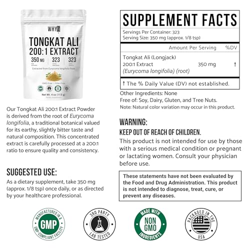 WHYZ Tongkat Ali Extract Powder, Pure Longjack 200:1 Extract Eurycoma longifolia,…