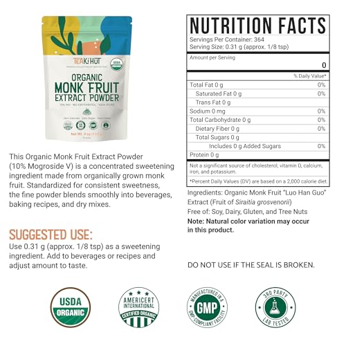 Pure Organic Monk Fruit Extract Powder, No Erythritol 4oz, 100% Monk Fruit Sweetener…