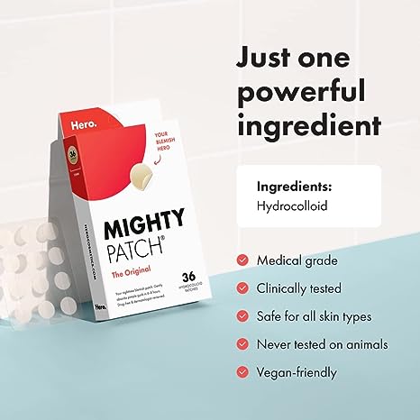 Mighty Patch Original from Hero Cosmetics - Hydrocolloid Acne Pimple Patch for Covering Zits and Blemishes, Spot Stickers for Face and Skin, Vegan-friendly and Not Tested on Animals (36 Count
