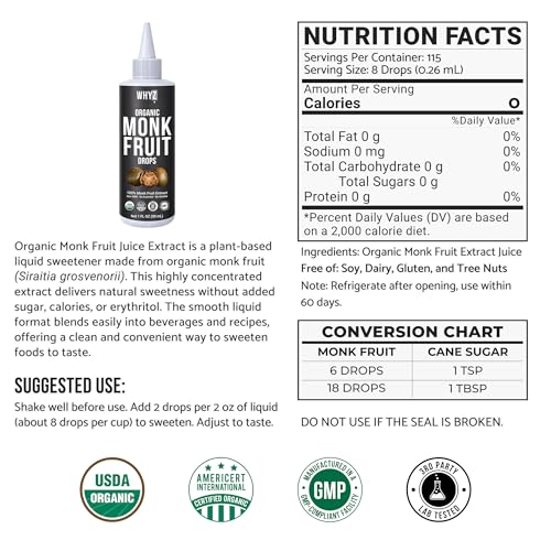 Organic Monk Fruit Liquid Sweetener Drops, 100% Monkfruit Liquid, Zero Sugar & No…