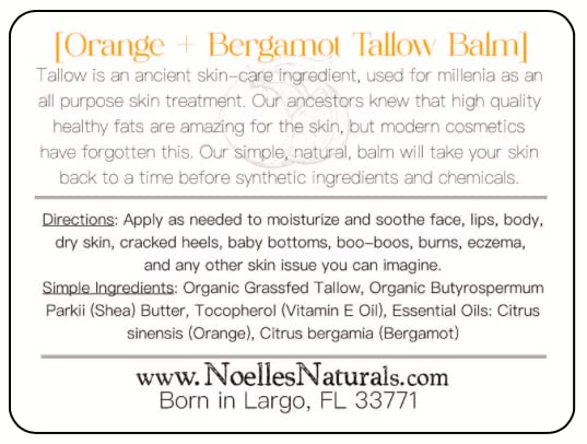 Tallow Balm - Organic Grassfed Tallow - 3.5oz - Orange + Bergamot - Moisturizing - Dry Skin - Stretch Marks - All Natural