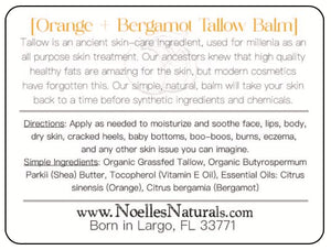 Tallow Balm - Organic Grassfed Tallow - 3.5oz - Orange + Bergamot - Moisturizing - Dry Skin - Stretch Marks - All Natural