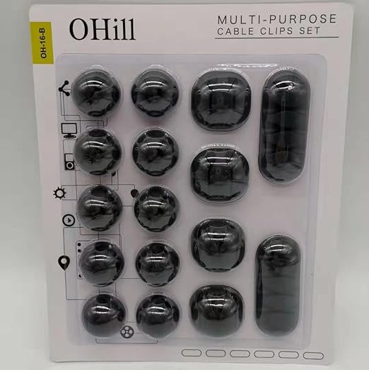 Cable Clips, OHill 16 Pack Black Adhesive Cord Holders, Ideal Cords Management for Organizing Cable Wires-Home, Office, Car, Desk & Nightstand