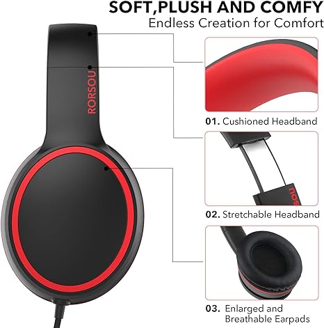 RORSOU R10 Kids Headphones with Microphone, Lightweight Folding Stereo Bass Headphones with 1.5M No-Tangle Cord, Portable Wired Headphones for Smartphone Tablet Computer MP3 / 4 (Black)