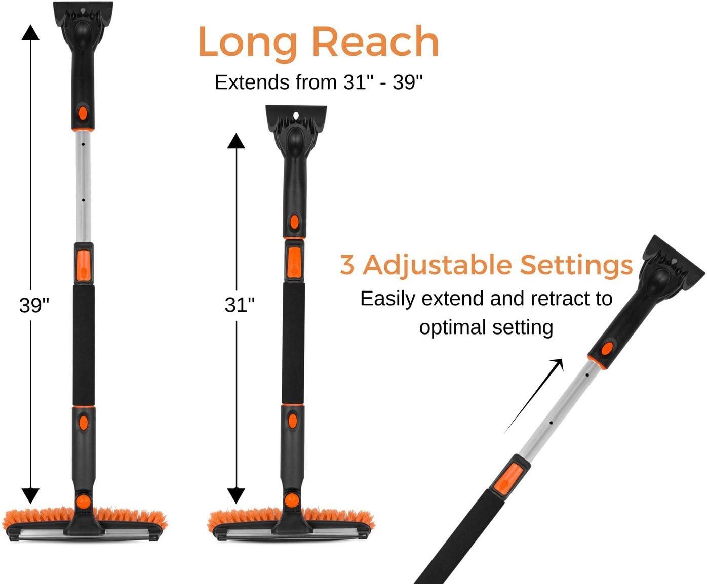 Snow MOOver 39" Extendable Snow Brush with Detachable Ice Scraper for Car | 11" Wide Squeegee & Bristle Head | Size: Car & SUV | Lightweight Aluminum Body with Ergonomic Grip | Windshield Paint Safe