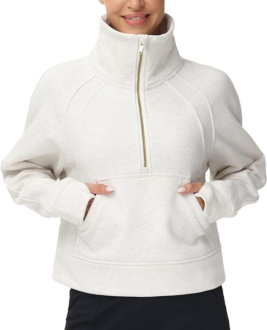 THE GYM PEOPLE Womens' Half Zip Pullover Fleece Stand Collar Crop Sweatshirt with Pockets Thumb Hole
