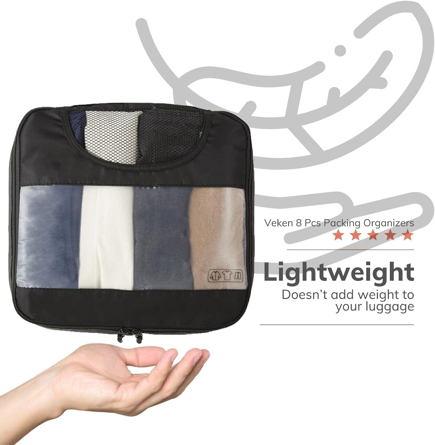 Veken 8 Set Packing Cubes for Suitcases, Travel Essentials for Carry on, Luggage Organizer Bags Set for Travel Accessories in 4 Sizes (Extra Large, Large, Medium, Small), Black