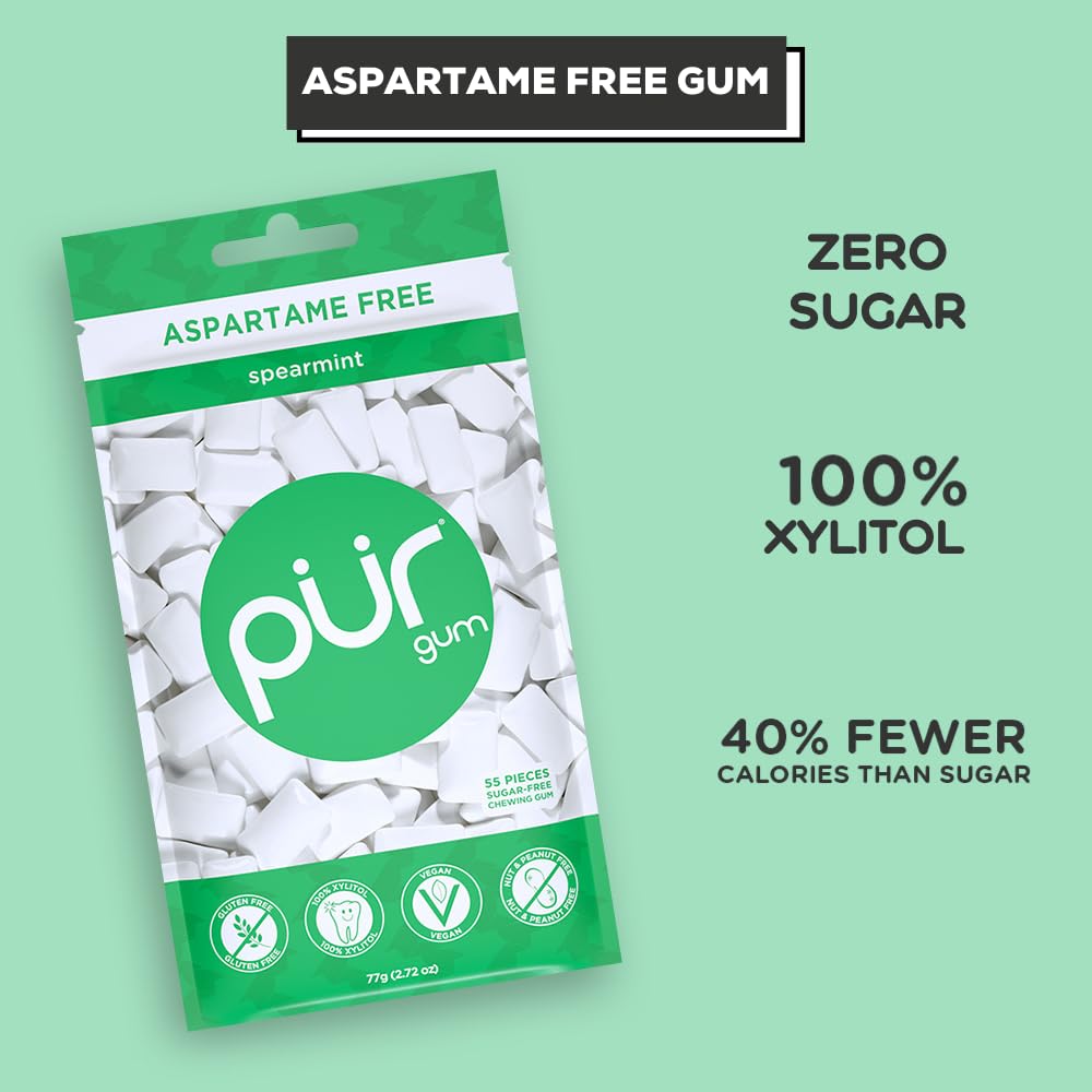 PUR Gum | Aspartame Free Chewing Gum | 100% Xylitol | Sugar Free, Vegan, Gluten Free & Keto Friendly | Natural Spearmint Flavored Gum, 55 Pieces (Pack of 3)