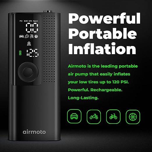 Airmoto Tire Inflator Portable Air Compressor - Air Pump for Car Tires w/Digital Tire Pressure Gauge - Air Compressor for Car (120 PSI) - Motorcycle, Electric Bike Pump and Bicycle Pump w/LED Light