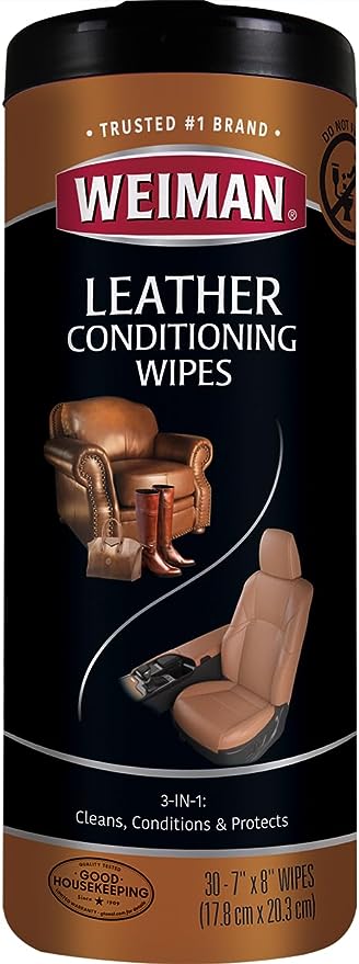 Weiman Leather Cleaner & Conditioner Wipes With UV Protection, Prevent Cracking Or Fading Of Leather Couches, Car Seats, Shoes, Purses - 30 ct