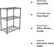 Load image into Gallery viewer, Amazon Basics 3-Shelf Narrow Adjustable, Heavy Duty Storage Shelving Unit (250 lbs loading capacity per shelf), Steel Organizer Wire Rack, Black, 23.2&quot;L x 13.4&quot;W x 30&quot;H