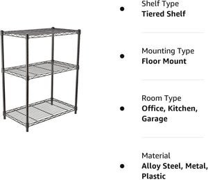 Amazon Basics 3-Shelf Narrow Adjustable, Heavy Duty Storage Shelving Unit (250 lbs loading capacity per shelf), Steel Organizer Wire Rack, Black, 23.2"L x 13.4"W x 30"H