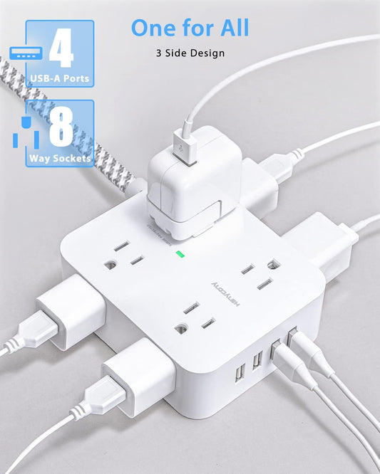 Surge Protector Power Strip - Extension Cord with 8 Widely Outlets 4 USB Ports, 3 Side Multi Plug Outlet Extender, Flat Plug, 5Ft, Wall Mount, Desk USB Charging Station for Home Office Dorm Room ETL