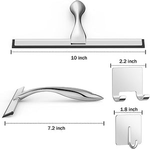 All-Purpose Stainless Steel Shower Squeegee for Shower Doors with 2 Adhesive Hooks, Bathroom Cleaner Tool Household Window Mirror Squeegee for Home Cleaning, Glass Door, Tile Wall, Car, 10 Inch Silver