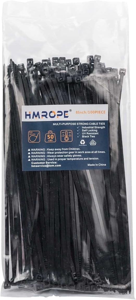 HMROPE 100pcs Cable Zip Ties Heavy Duty 8 Inch, Premium Plastic Wire Ties with 50 Pounds Tensile Strength, Self-Locking Black Nylon Tie Wraps for Indoor and Outdoor