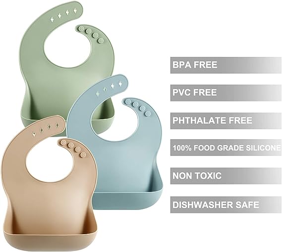 PandaEar Set of 3 Cute Silicone Baby Bibs for Babies & Toddlers (10-72 Months) Waterproof, Soft, Unisex, Non Messy (Brown/Blue/Green)