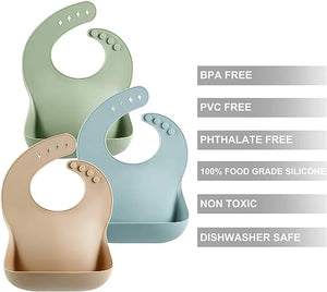 PandaEar Set of 3 Cute Silicone Baby Bibs for Babies & Toddlers (10-72 Months) Waterproof, Soft, Unisex, Non Messy (Brown/Blue/Green)