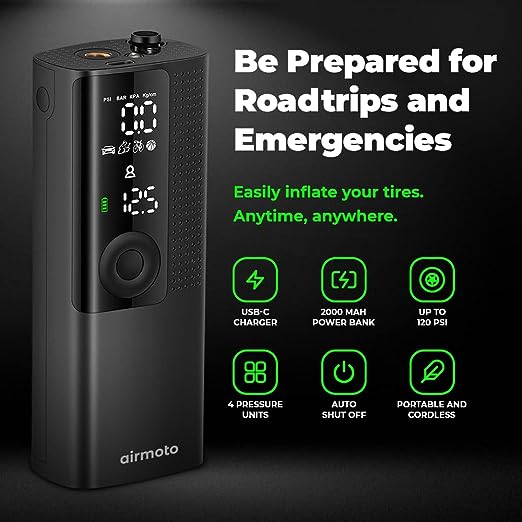 Airmoto Tire Inflator Portable Air Compressor - Air Pump for Car Tires w/Digital Tire Pressure Gauge - Air Compressor for Car (120 PSI) - Motorcycle, Electric Bike Pump and Bicycle Pump w/LED Light