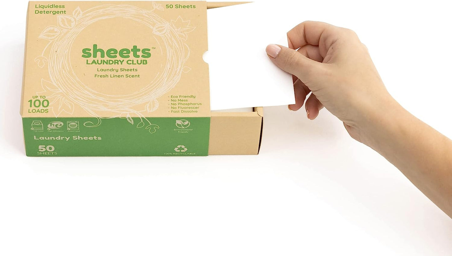 Sheets Laundry Club - As Seen on Shark Tank - Laundry Detergent - (Up to 100 Loads) 50 Laundry Sheets- Fresh Linen Scent - No Plastic Jug - New Liquid-Less Technology - Lightweight - Easy To Use