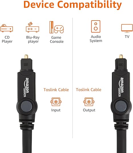 Amazon Basics Toslink Digital Optical Audio Cable, Multi-Channel, for Audio System, Sound Bar, Home Theatre, Gold-Plated Connectors, 6 Foot, Black