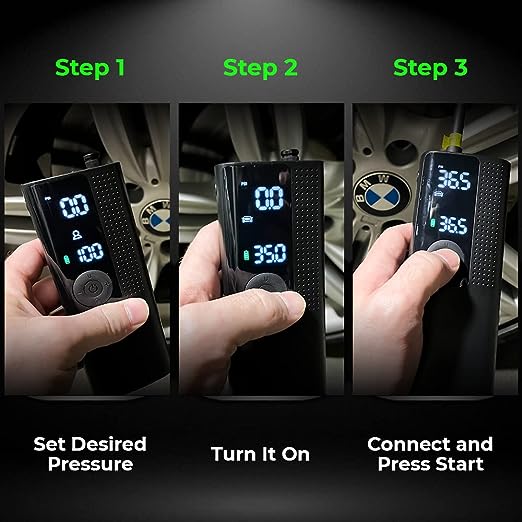 Airmoto Tire Inflator Portable Air Compressor - Air Pump for Car Tires w/Digital Tire Pressure Gauge - Air Compressor for Car (120 PSI) - Motorcycle, Electric Bike Pump and Bicycle Pump w/LED Light
