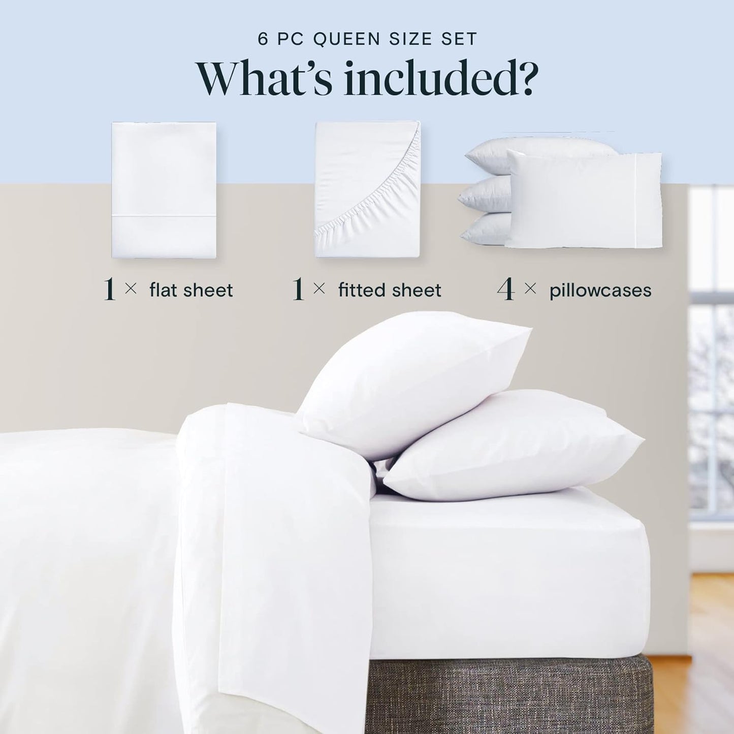 LuxClub 6 PC Queen Sheet Set, Rayon Made from Bamboo Bed Sheets, Deep Pockets 18" Eco Friendly Wrinkle Free Cooling Sheets Machine Washable Hotel Bedding Silky Soft - White Queen