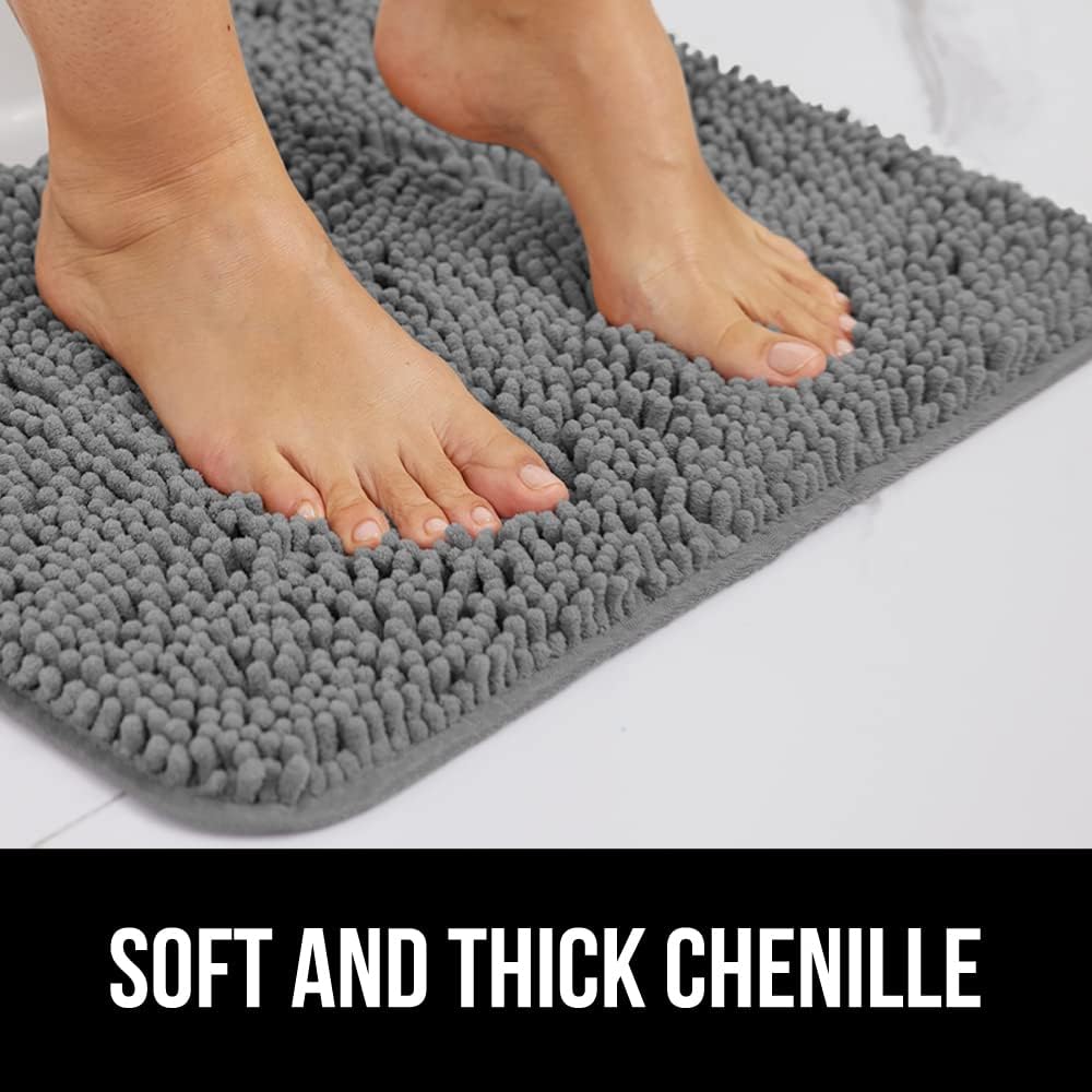 Gorilla Grip Bath Rug 24x17, Thick Soft Absorbent Chenille, Rubber Backing Quick Dry Microfiber Mats, Machine Washable Rugs for Shower Floor, Bathroom Runner Bathmat Accessories Decor, Grey