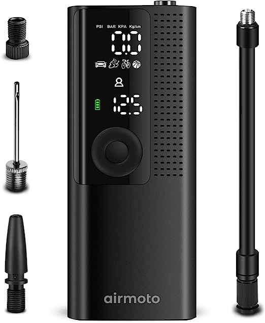 Airmoto Tire Inflator Portable Air Compressor - Air Pump for Car Tires w/Digital Tire Pressure Gauge - Air Compressor for Car (120 PSI) - Motorcycle, Electric Bike Pump and Bicycle Pump w/LED Light